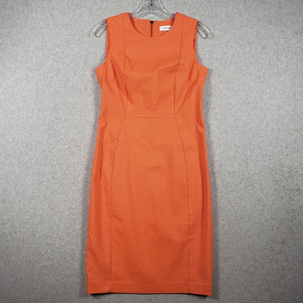 Calvin Klein Womens Dress Sheath Sleeveless Size 6 Orange Polka Dot CD9EH923 SEO - Picture 2 of 13